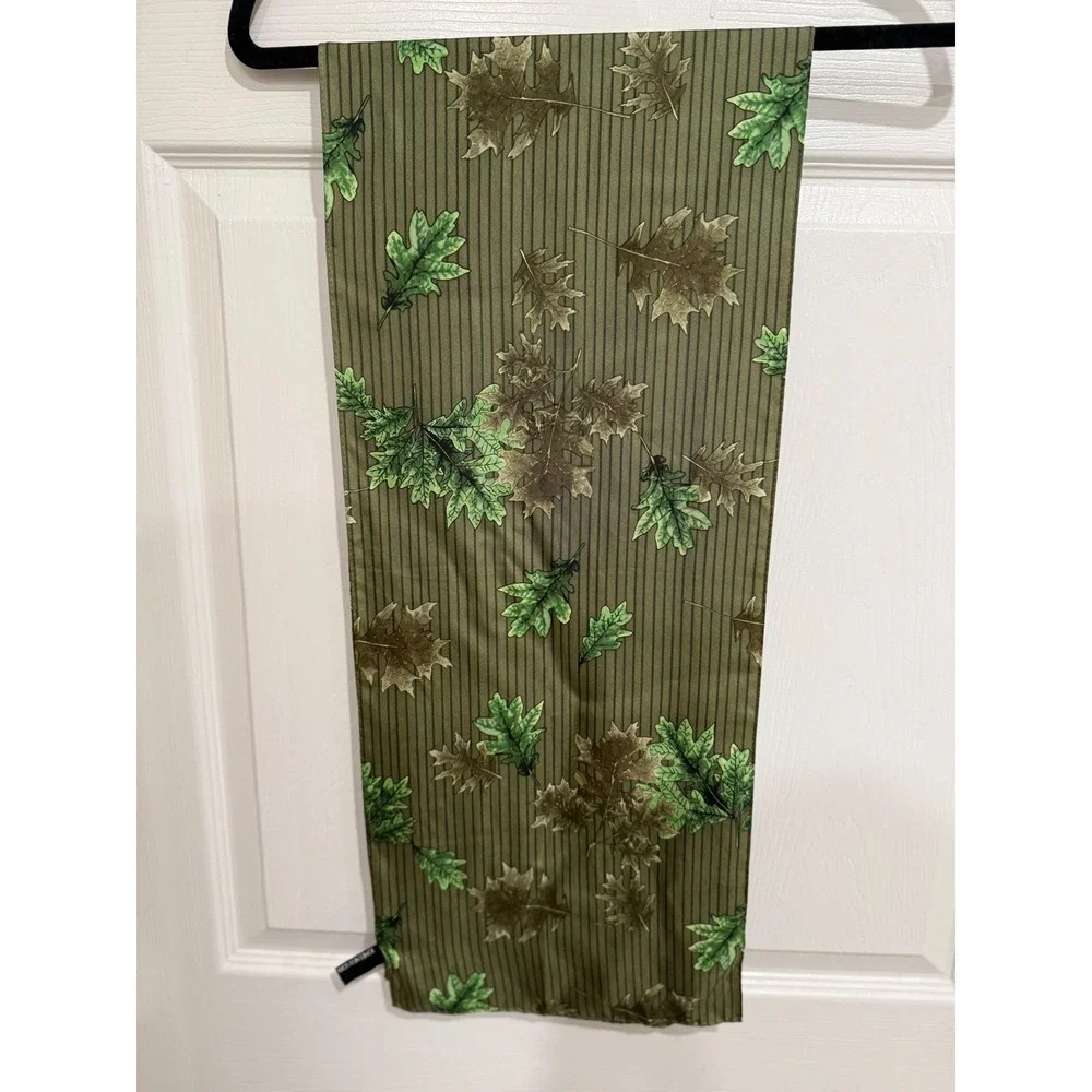 Jones New York Silk Scarf Olive Green Pinstripe Oak Leaf Print Rectangular Wrap